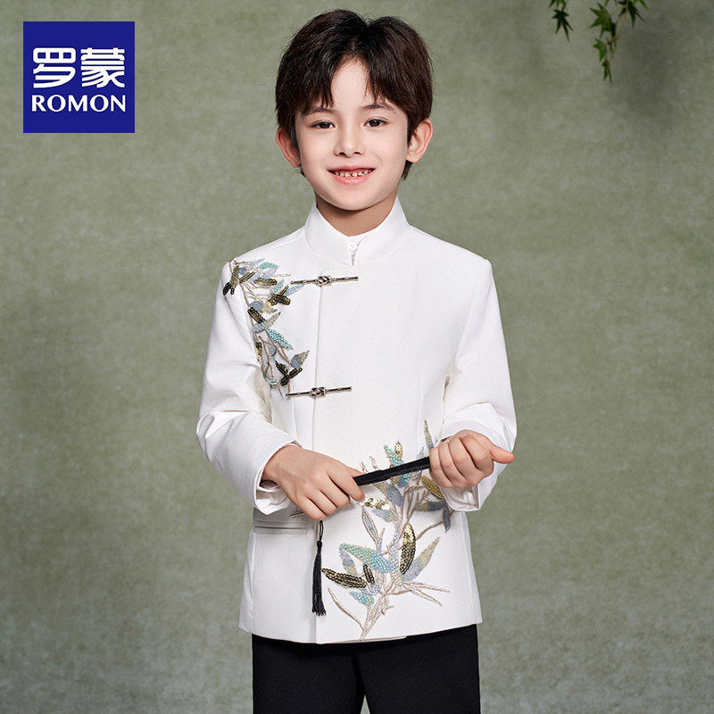 罗蒙男童新中式中山装西装套装白色小主持人中国风唐装钢琴演出服