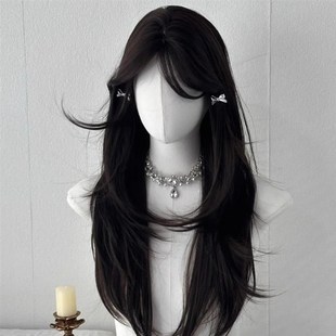 假发女高层次锁骨发夏天薄款黑长直中分八字齐刘海自然整顶全头套