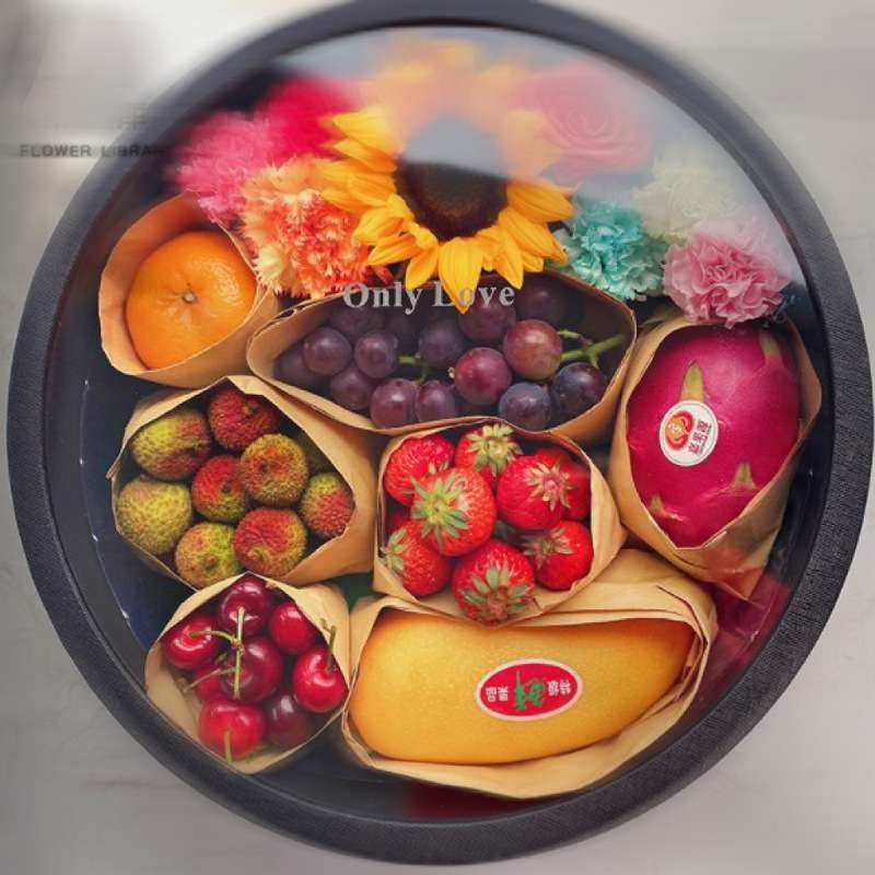 圆形透明水果花盒玫瑰花束包装盒生日礼盒透明盒子冬季四件套礼盒
