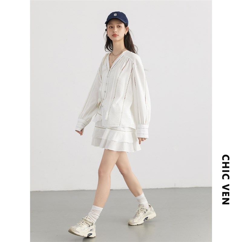 CV大码女装 2024夏季新款V领蕾丝镂空系带衬衫半身蛋糕短裙套装女