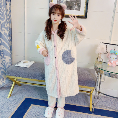 儿童法兰绒睡衣冬季小孩女童睡袍珊瑚绒加厚款套装米色月亮家居服