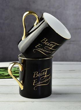 黑色色釉广告水杯陶瓷金把创意礼品茶水杯子骨质瓷马克杯