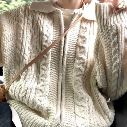 慵懒风复古麻花拉链毛衣外套女秋冬2024新款日系宽松针织开衫上衣