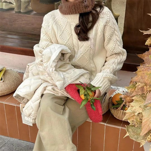韩系软糯慵懒圆领麻花针织衫 上衣 套头毛衣女秋冬新款 加厚宽松短款