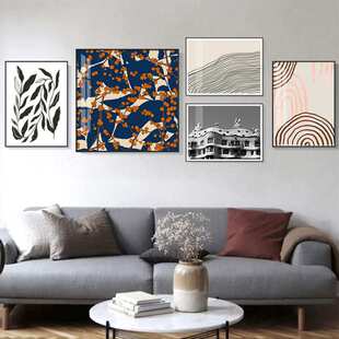 文艺复古北欧小众抽象挂画几何线条樱桃五联组合画卧室客厅装饰画