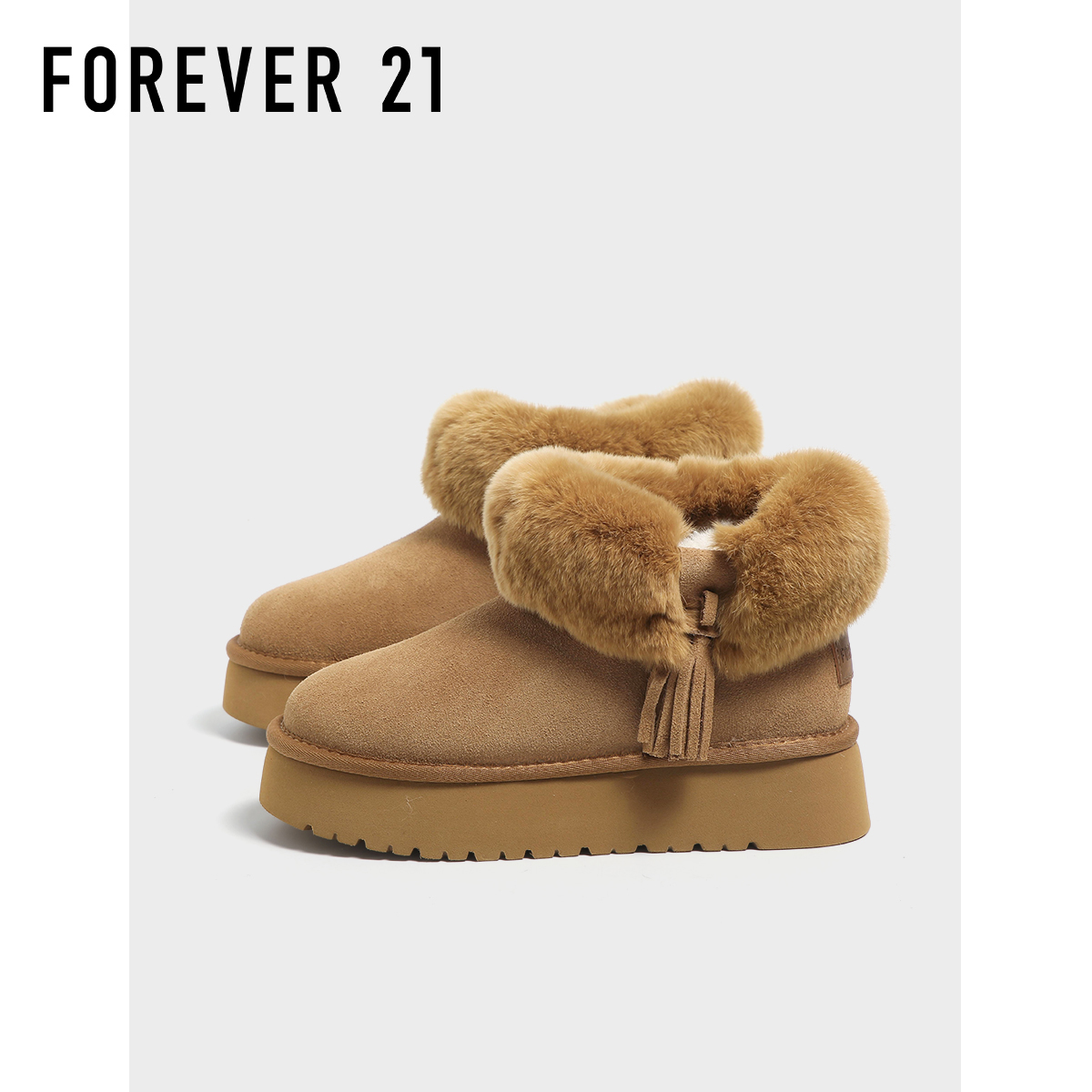 F21獭兔毛牛皮雪地靴女款