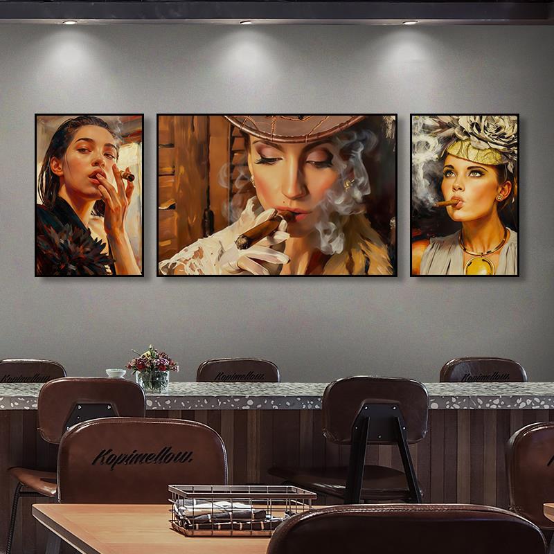 复古雪茄美女油画感装饰画西餐厅酒吧美式高级感挂画休闲会所壁画