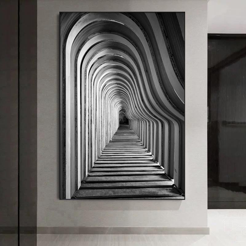 玄关黑白灰抽象楼梯建筑挂画客厅空间延伸感装饰画意式极简墙壁画图片