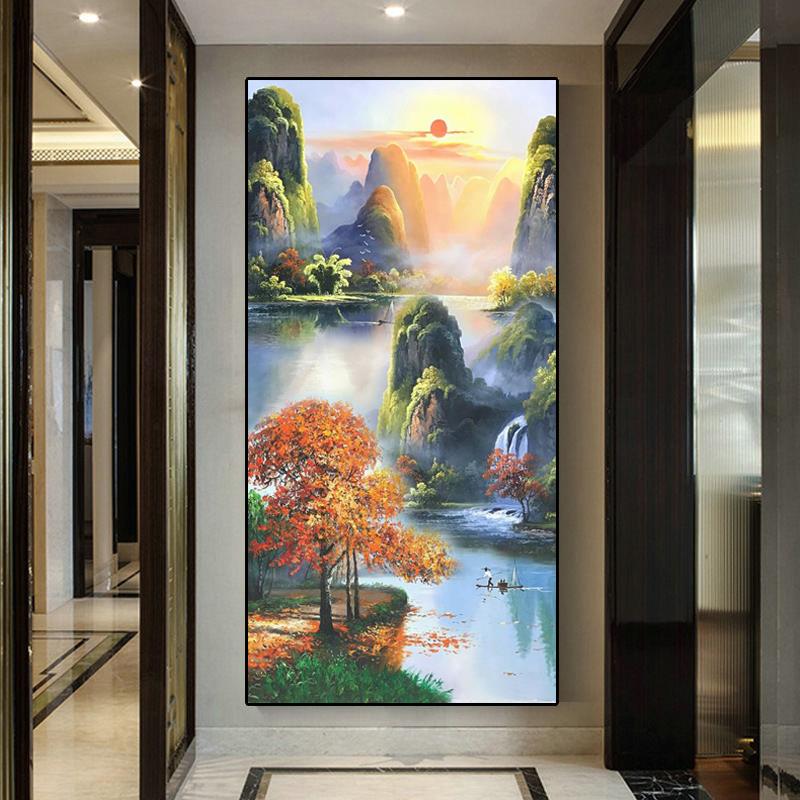玄关装饰画现代轻奢山水画走廊过道挂画入户客厅竖版高档大气壁画
