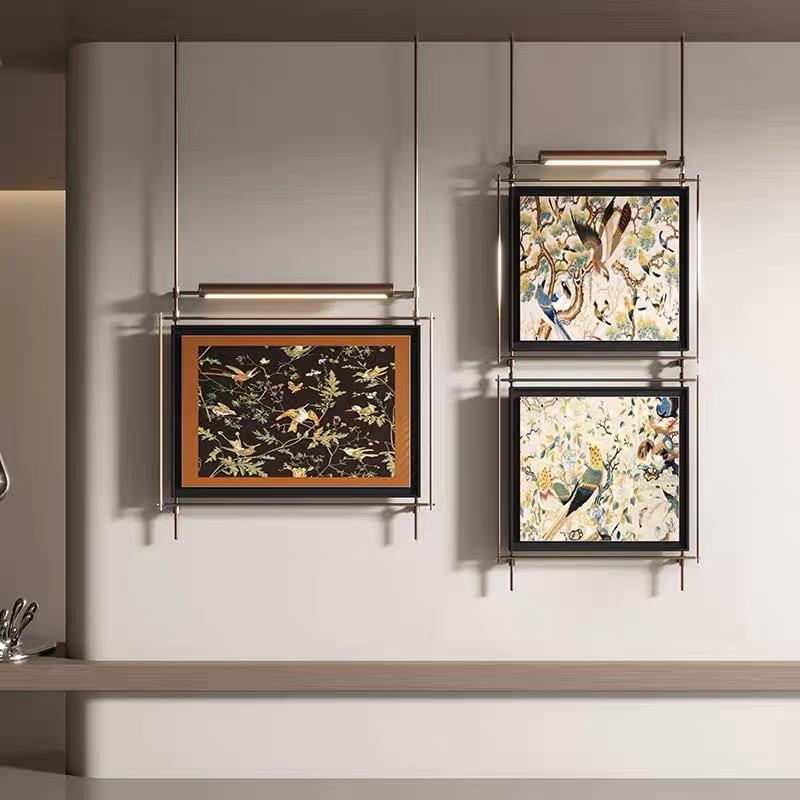 新中式高级气氛灯装饰画饭厅包间灯光画壁灯酒店会所金属吊杆挂画