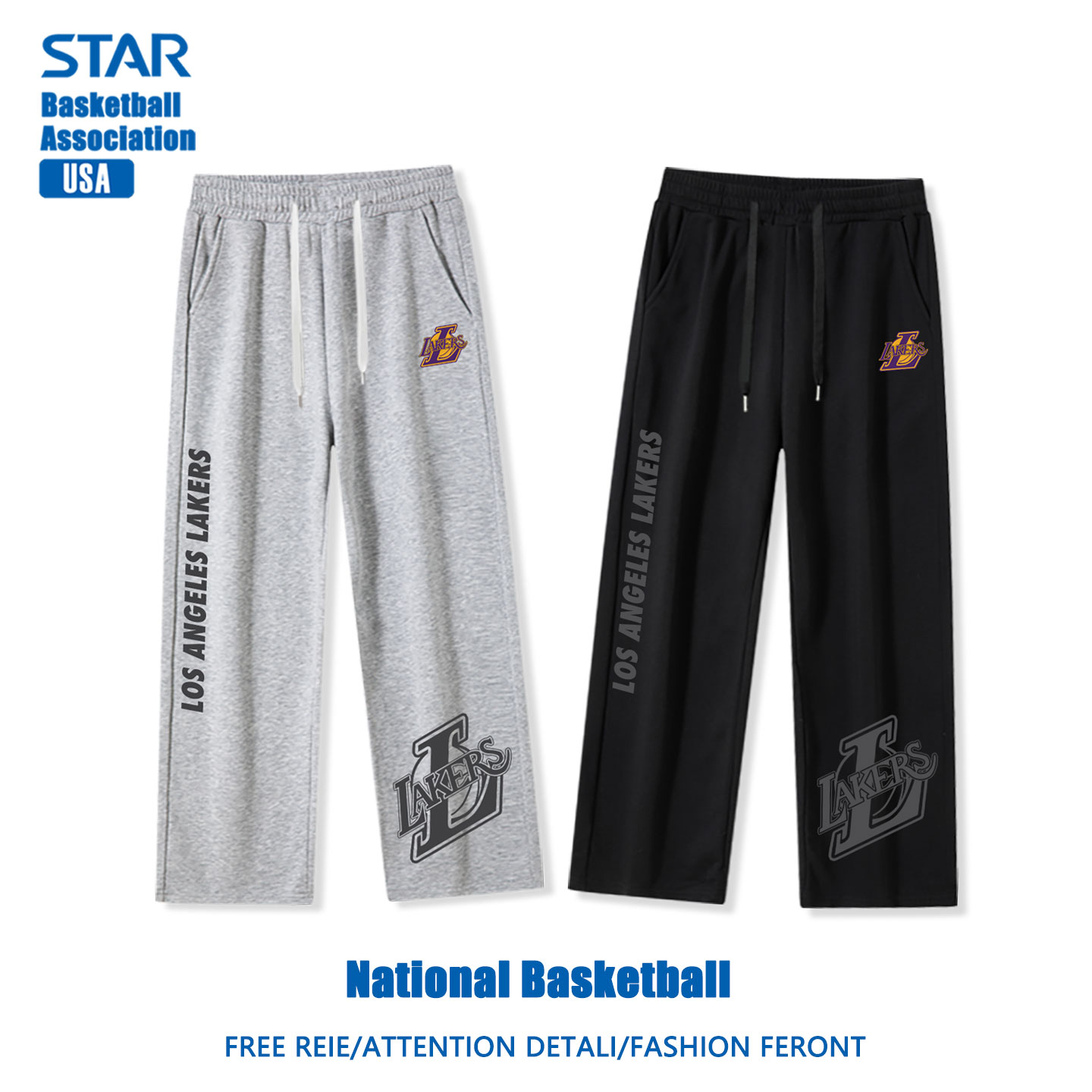 美式湖人队篮球运动裤男宽松直筒长裤休闲裤青少年男生训练裤子