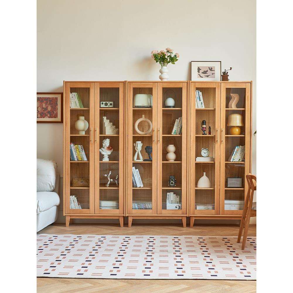 实木组合书柜带门北欧日式简约客厅玻璃门书架落地展示储物收纳柜