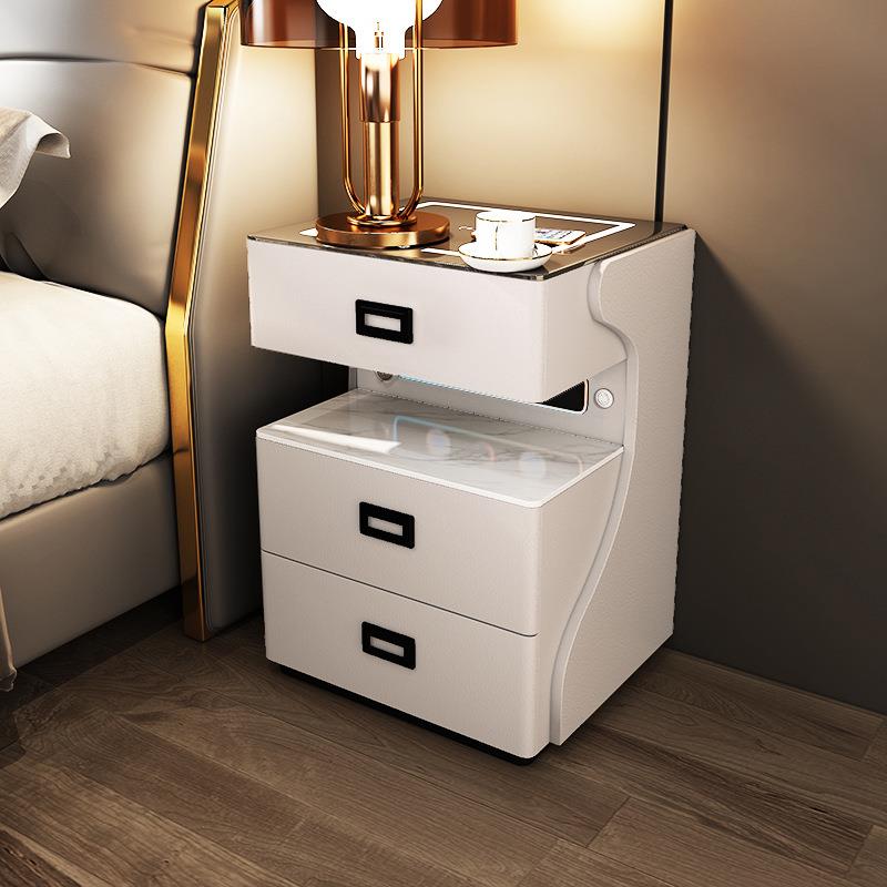 智能床头柜实木多功能家用卧室小户型简约现代床边收纳柜轻奢白色