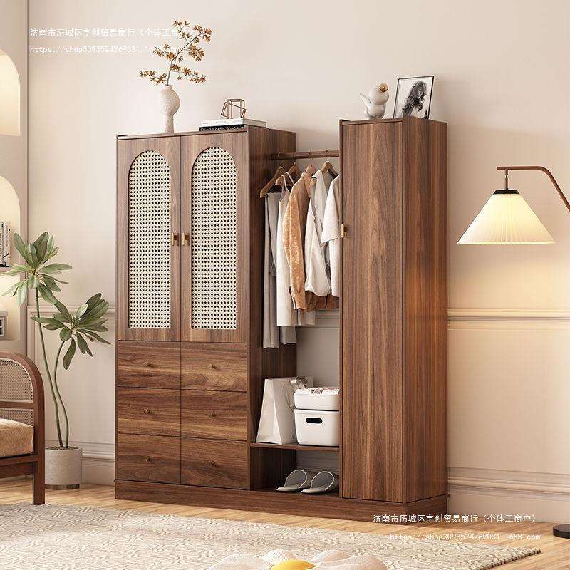 藤编穿衣镜斗柜衣帽架一体靠墙卧室家用床尾储物衣柜带挂衣架新款