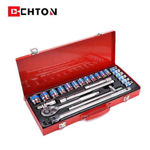 24件套铬钒钢汽修光柄快速棘轮扳手F杆蓝带套筒铁盒工具套装