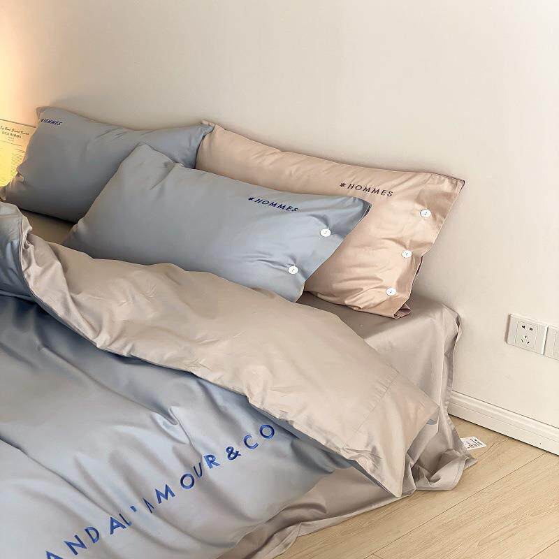 100支轻奢字母刺绣全棉四件套纽扣枕套AB版撞色纯棉被套学生宿舍+