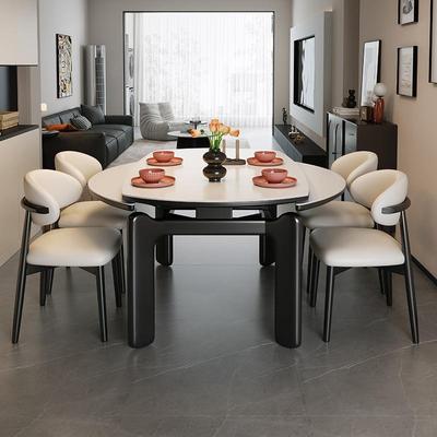 岩板餐桌椅组合实木家用小户型可伸缩圆桌复古风2025