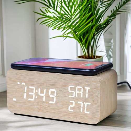 LED无线充电子钟创意木质10w无线充时钟led数字钟万年历贪睡闹钟