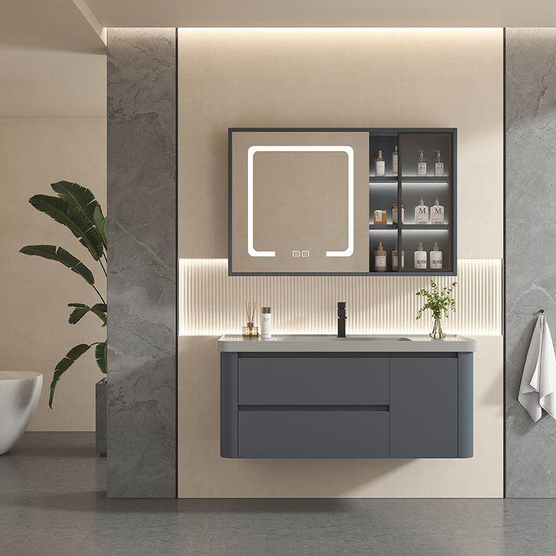 家用欧式浴室柜岩板台面智能镜柜组合灰色吊柜陶瓷一体盆洗漱台