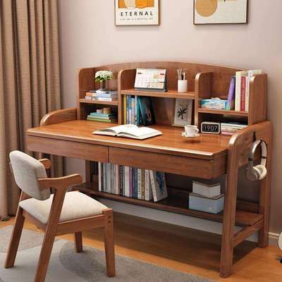 书桌中小学生家用写字桌书架一体简易实木升降桌女生卧室学习桌子
