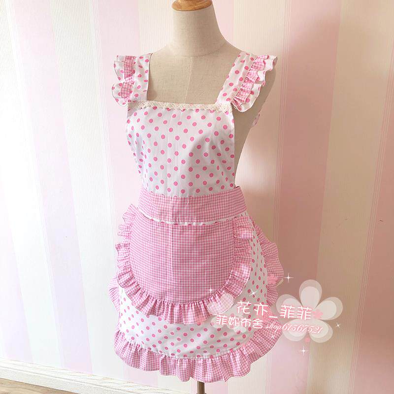 韩版时尚纯棉波点公主花边厨房日系罩衣田园家居小厨娘围腰围裙