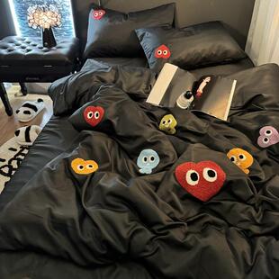 9WOR韩系水洗真丝绣花可爱凉感床上四件套双人纯色被套冰丝床单三