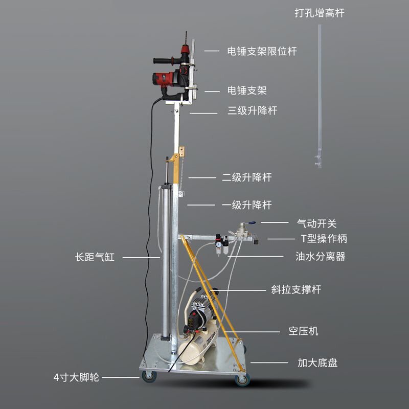 气动打眼伸缩支架冲击钻植筋吊顶升降机全自动镐工打孔支架升降式
