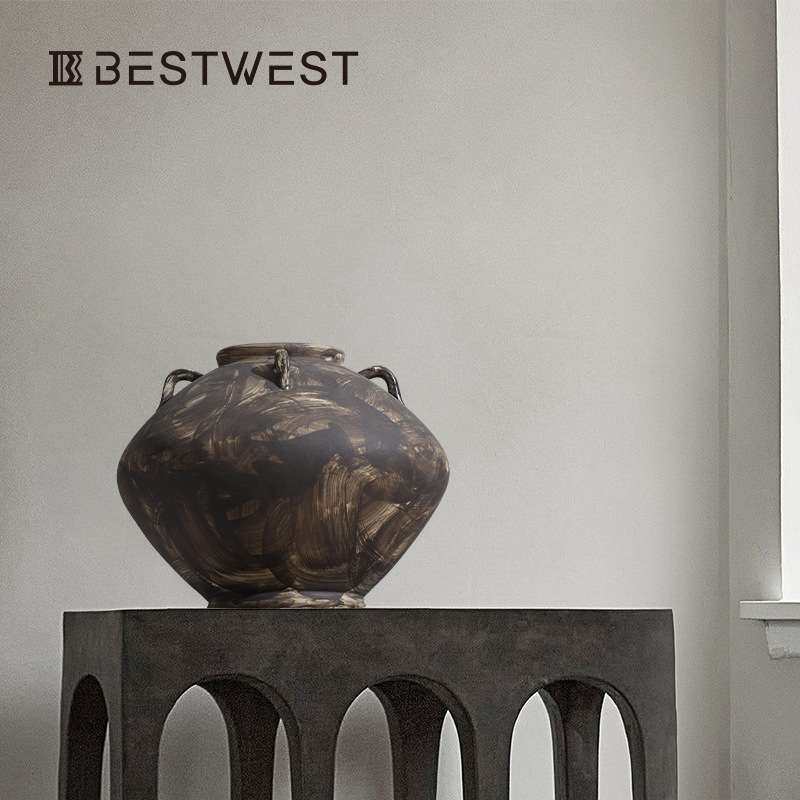 Best west 大肚粗陶复古做旧陶瓷花瓶摆件 高档新中式装饰品陶罐
