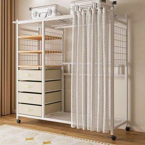 简易衣柜卧室家用组装货架结实耐用简约开放式防尘帘衣帽间柜子