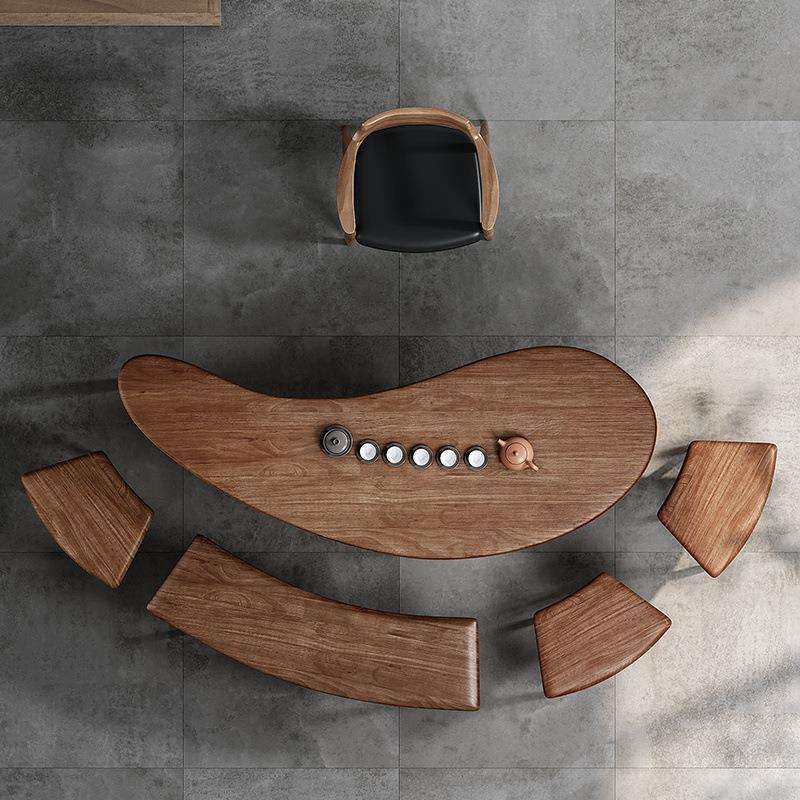 实木茶桌阳台泡茶桌椅组合创意弧形实木桌子办公室会客胡桃色茶桌