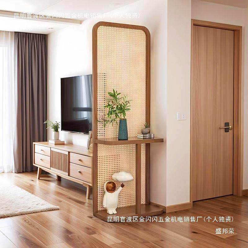 复古藤编屏风隔断客厅入户玄关遮挡可移动座屏实木风置物花架木质