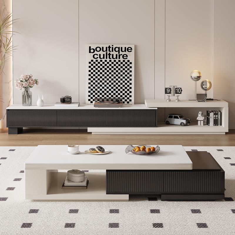 黑白茶几客厅家用现代客厅岩板极简约电视柜茶几组合伸缩北欧爆款