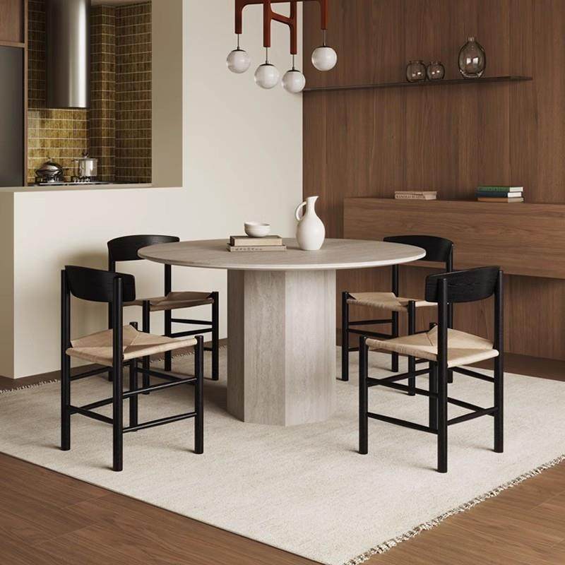 中古风小圆桌洞石岩板餐桌家用小户型设计师法式复古1米圆形桌子