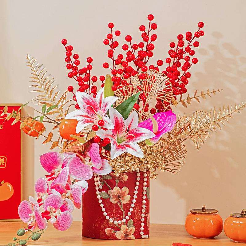 2025新年装饰仿真插花摆设客厅高端摆花抱抱桶花筒福桶发财果银柳