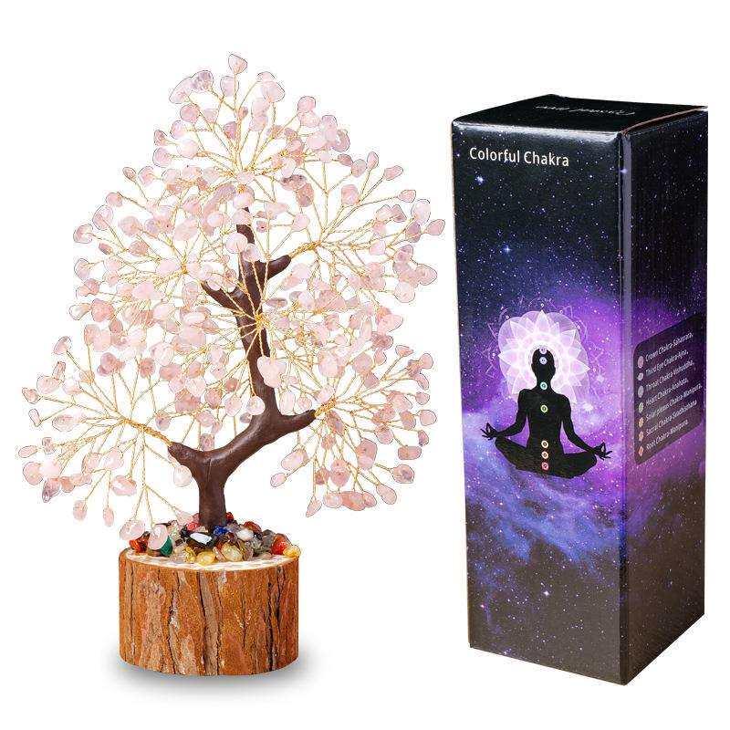 热销天然水晶碎石木桩发财树水晶工艺品办公桌面能量树摆件