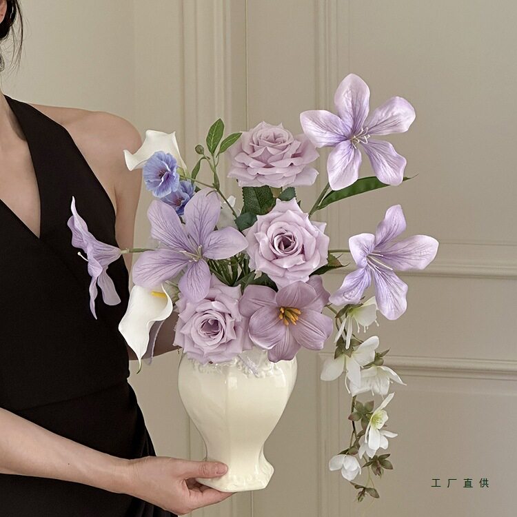 法式复古花束紫色花假花客厅插花瓶花艺轻奢餐桌装饰摆件