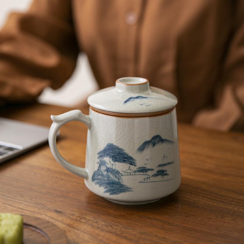 陶瓷杯茶水分离带盖泡茶杯办公杯家用复古茶杯子手绘山水画马克杯