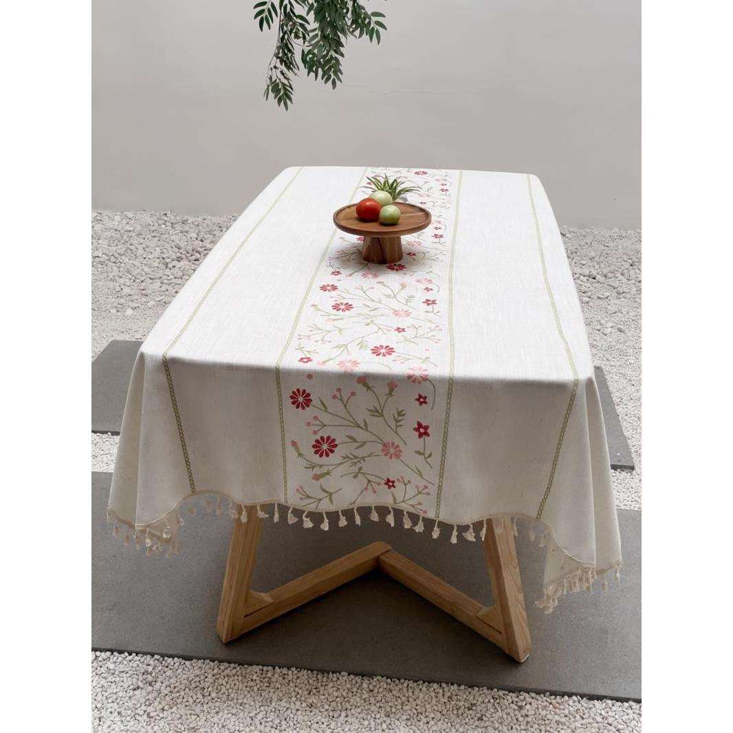 xyt现代简约绣花棉麻布艺白色小碎花田园法式家用西餐厅餐桌布台