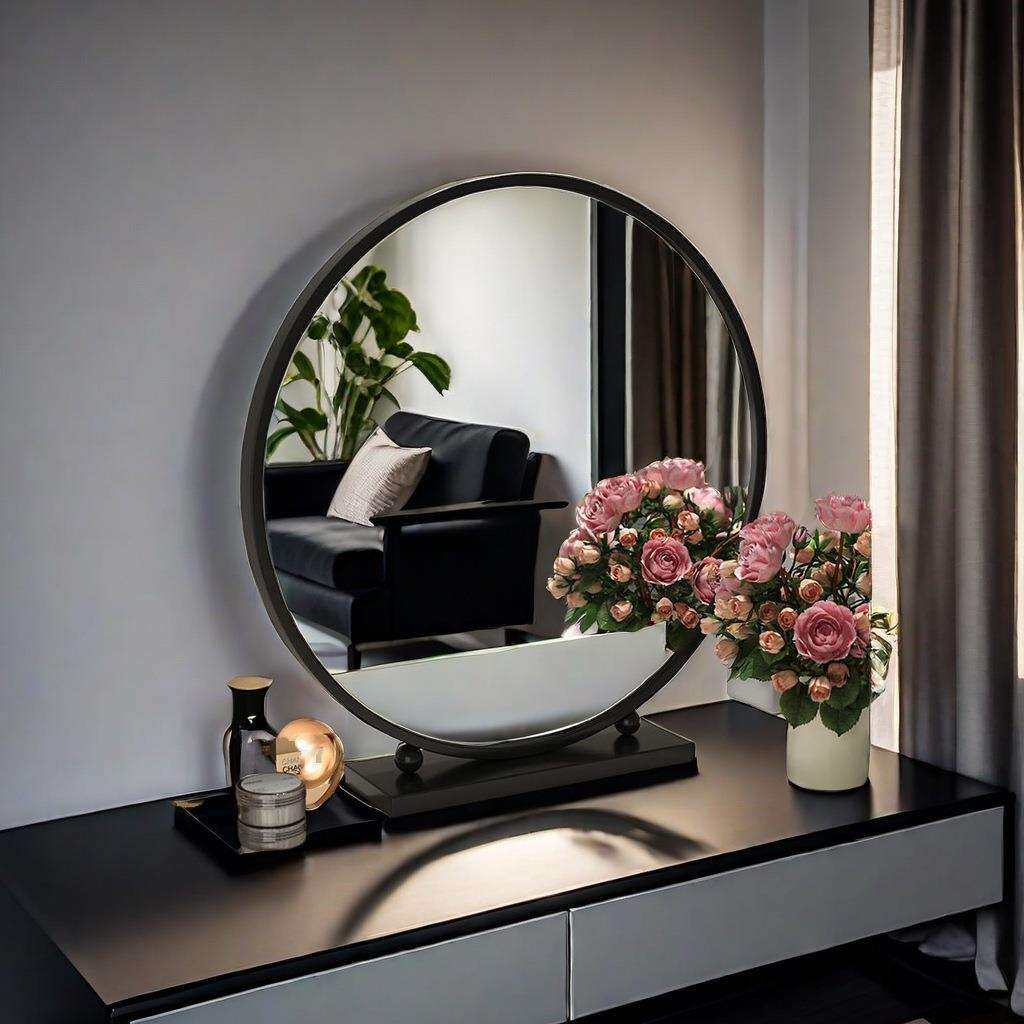 简约台式化妆镜圆形桌面梳妆镜卧室学生宿舍铁艺大镜子梳妆台