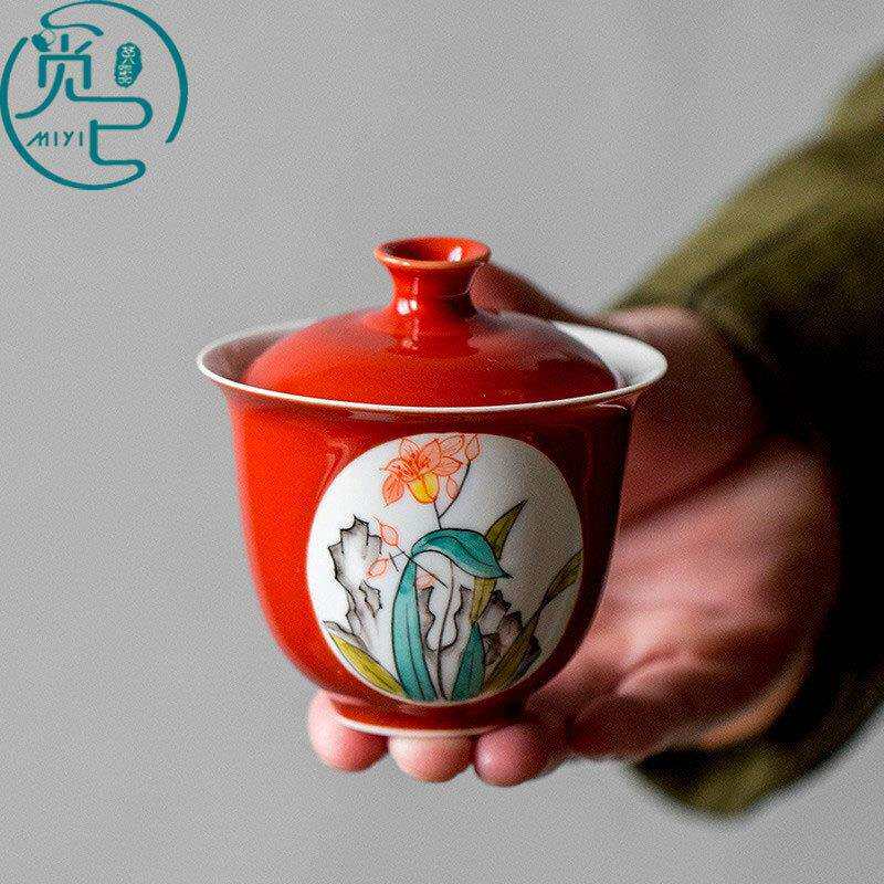 觅已手绘绛红水仙兰花盖碗家用两才盖碗创意开窗不烫手功夫泡茶碗
