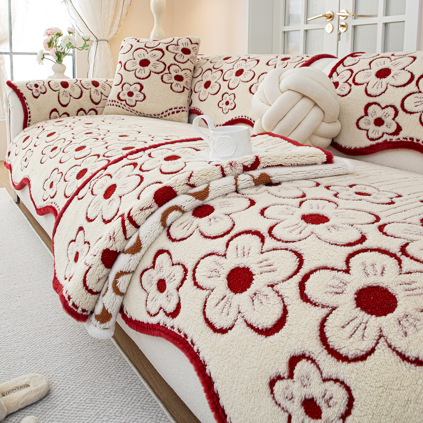 毛绒沙发垫冬款红色喜庆现代简约