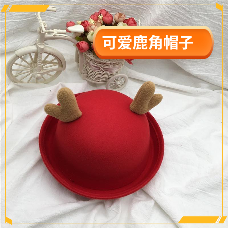 亲子款鹿角圣诞帽冬韩版小礼帽子女男儿童纯色毛呢帽秋圆顶英伦潮