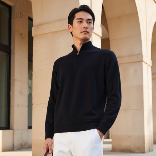 纯羊绒男士加厚拉链半高领