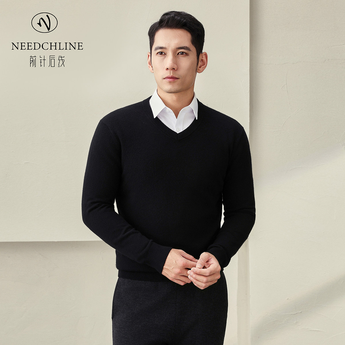 前针后线男士100%山羊绒V领长袖男款秋冬季保暖男装鸡心领精纺