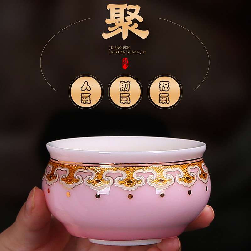 徐建勇羊脂玉瓷彩釉品茗杯24K金聚宝盆个人杯主人杯可爱女士茶杯