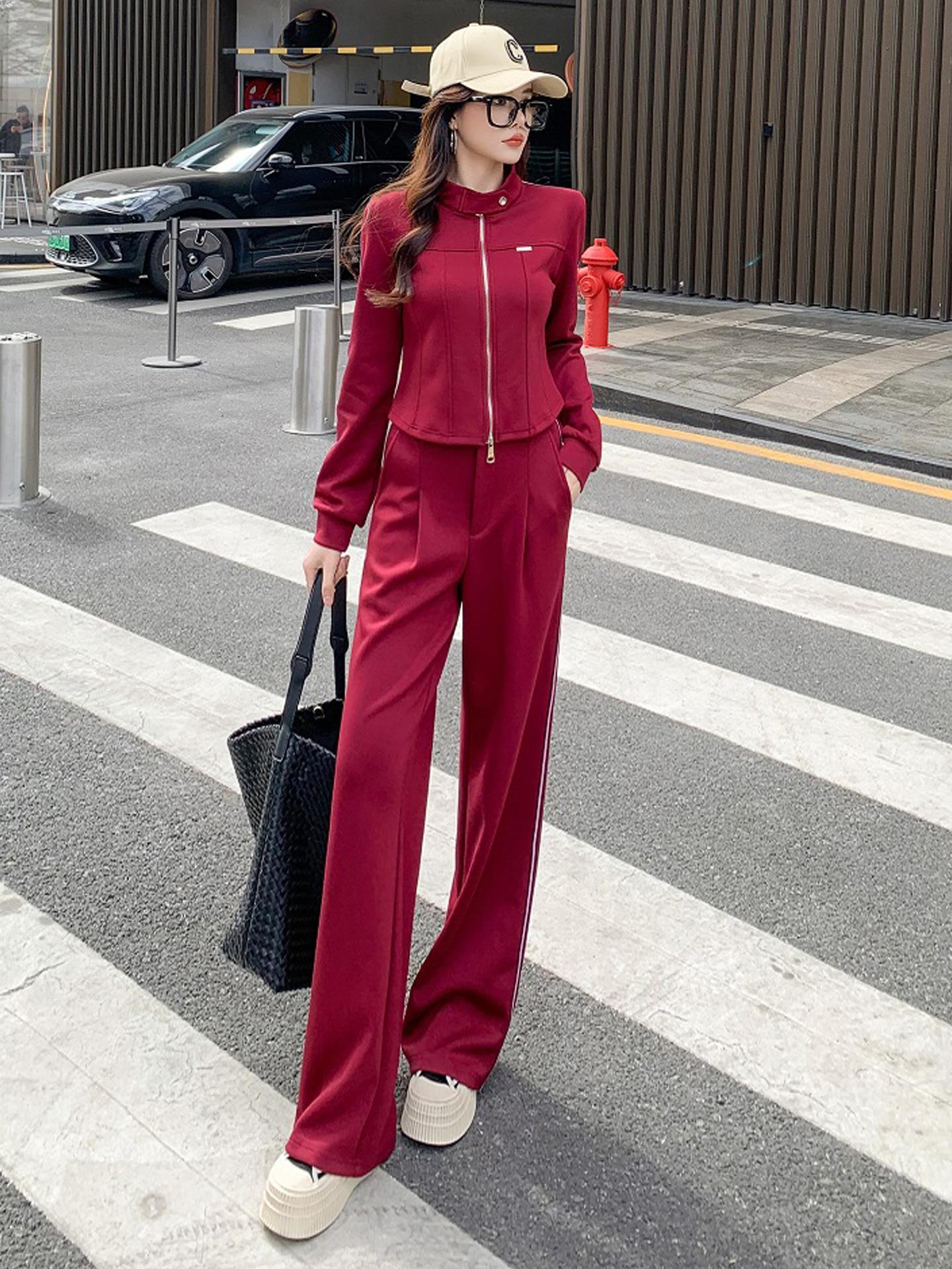 ROUMIKL2025春季酷飒风休闲运动套装女装高级感欧货红色外套阔腿