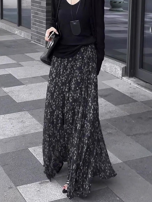 Liuwei Bamboo Black Floral Midi Skirt for Women, Summer and Autumn, Plus Size, Elastic Waist, Versatile, Slimming A-Line Long Skirt
