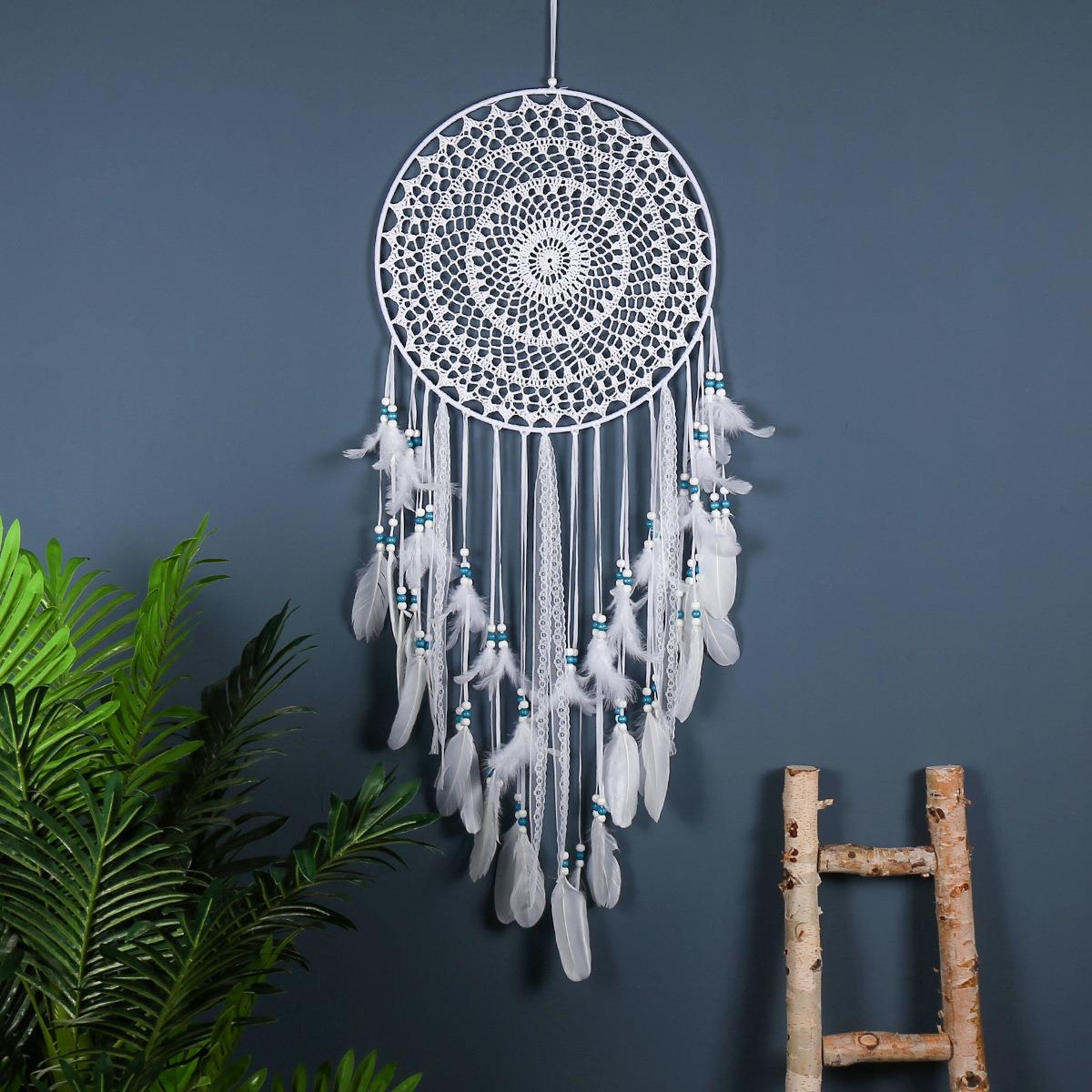 手工钩花白色羽毛吊饰捕梦网婚礼纪现场吊饰家居电视背景挂件