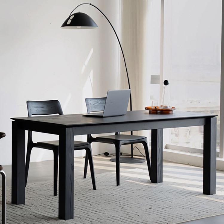 侘寂风白蜡木原木长条桌餐厅实木餐桌长方形家用饭桌子黑色会议桌