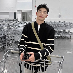 LISLAND|黑白条纹立领半拉链毛衣男秋冬季休闲宽松套头针织衫-H